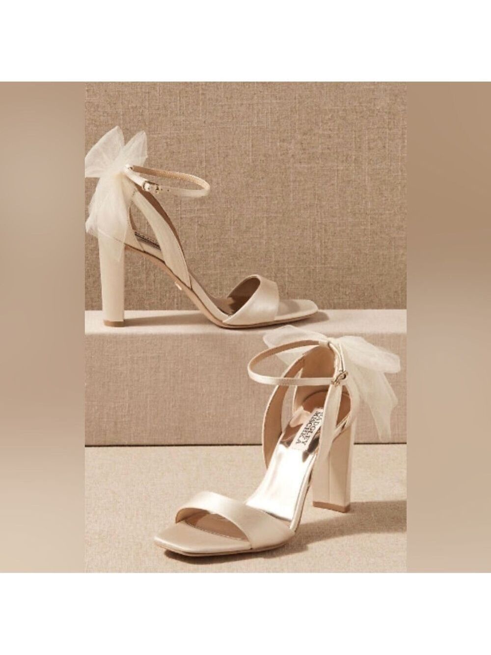 Badgley Mischka Kim Mesh Bow Block Heel Sandals in Ivory Satin - NWT